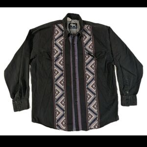Vintage Roper Rodeo Blue Mens XL Western Shirt Black Aztec Southwestern Made USA